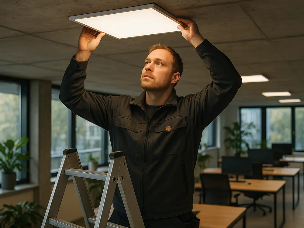 Elektricien plaatst vroeg in de ochtend ledpanelen in het plafond van een kantoor