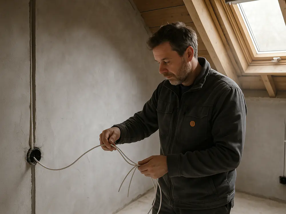 Elektricien trekt draden door nieuwe leidingen in de gefreesde sleuven van een zolderkamer