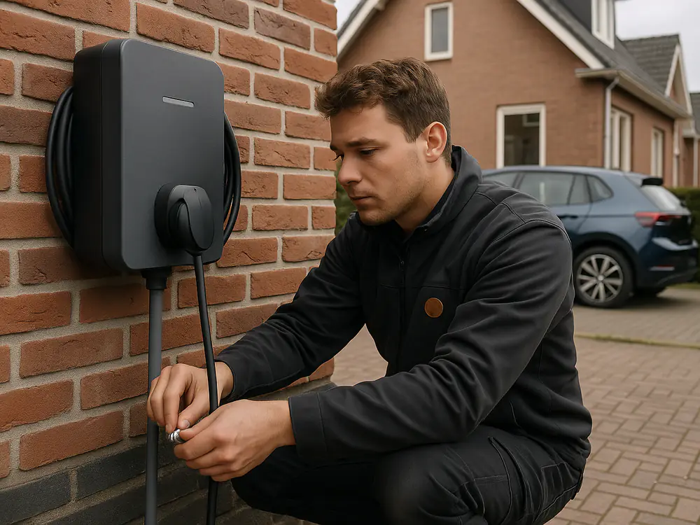 Elektricien monteert een witte laadpaal aan de gevel naast de oprit, de elektrische auto laadt al