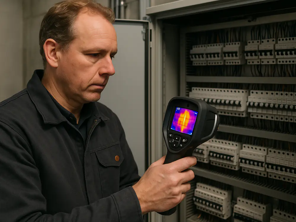 Elektrotechnicus bekijkt een grote verdeelkast in een bedrijfspand met een warmtebeeldcamera