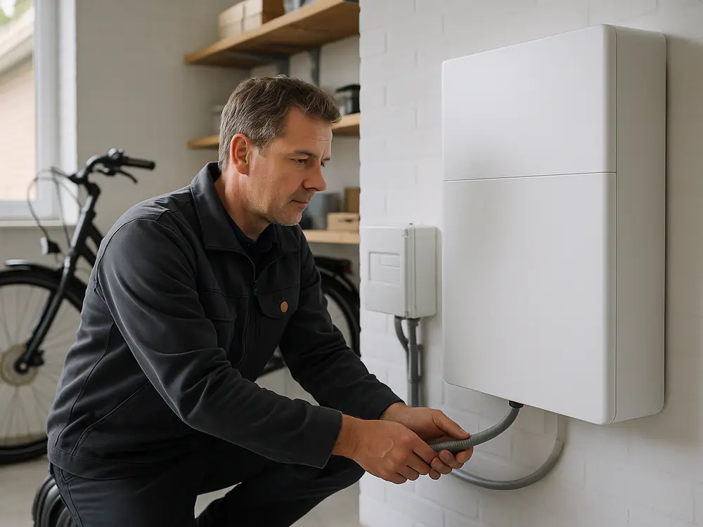 Elektricien sluit een thuisbatterij aan de muur van de garage aan op een eigen groep