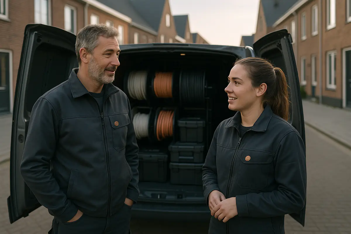 Twee elektriciens van De Elektricien van Eindhoven bij hun bus met kabelhaspels en gereedschapskisten